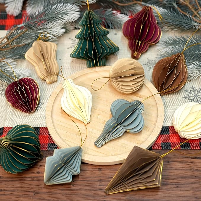 12Pcs Paper Honeycomb Christmas Tree Decorations, 3D Mini Glitter Edge Paper Honeycomb Lantern Ornaments for Vintage Neutral Christmas Party Home Decor Mixed