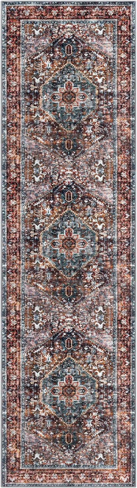 KOZYFLY Runners for Hallways 2x8 Ft Washable Kitchen Runner Rug Boho Runner Rug for Entryway Indoor Printed Oriental Faux Wool Floor Carpet Runner for Bedroom Kitchen Hall, Brick Red/Orange/Green