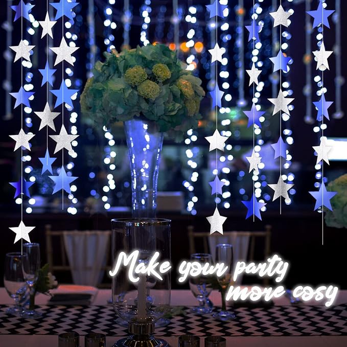 Patelai Glitter Star Garland Banner 2026 New Years Decor 130 Feet Star Hanging Banner Twinkle Backdrop for Birthday Classroom Wedding Christmas Party Supplies(Ocean Blue, Glitter Silver)