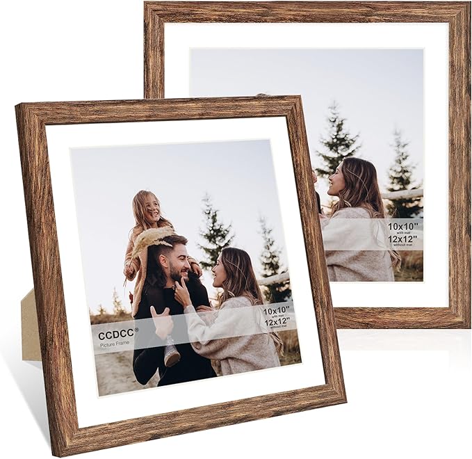 12x12 Picture Frame Set of 2, 12 x 12 Wood Photo Frames with Mat for 10x10 or 30x30cm Diamond Art Painting, Wooden Frame with Real Glass Cover for Wall and Tabletop Display,Rustic Brown
