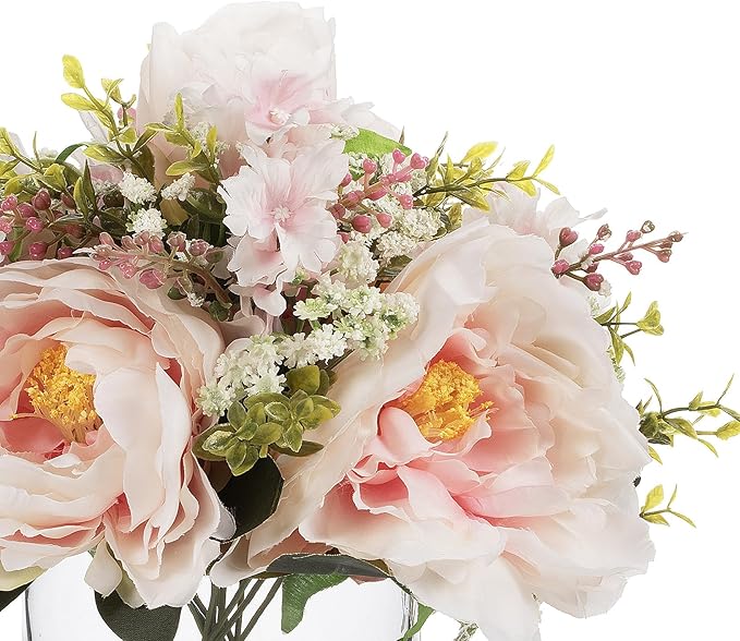 ENOVA FLORAL Artificial Silk Flower Arrangement with Vase,Mixed Artificial Silk Peony Flower in Vase for Decoration Home Office, Wedding Centerpiece (Pink)