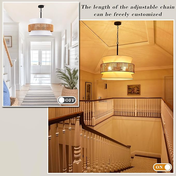 4 Lights Rattan Drum Chandelier - 20" Adjustable Boho Pendant Light with White Fabric Shade, Modern Wicker Chandeliers for Dining Room, Living Room, Kitchen, Bedroom