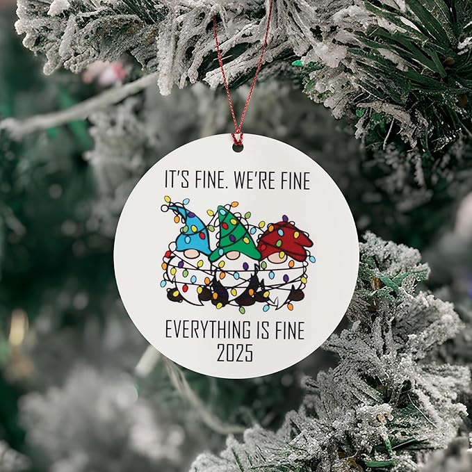 Funny Christmas Ornaments, Its Fine Im Okay Everythings Fine, Gnome Ornaments for Christmas Tree, Gnomes Gifts for Women, Tangled Lights Gnome Trio, Stress Relief Humor, White Elephant Exchange 2025