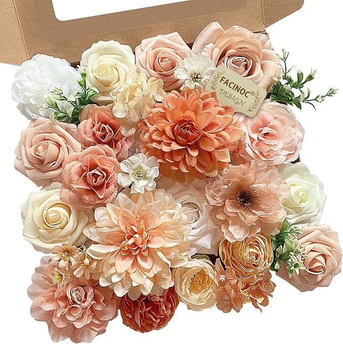 Roses Artificial Flowers Orange Fake Flower with Stems for DIY Wedding Bouquets Bridal Baby Shower Centerpiece Table Decorations Silk Faux Floral Arrangements for Party Home Decor Indoor Peach