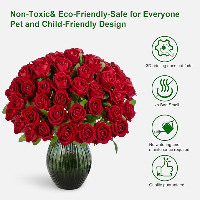 19.6" Artificial Flowers Roses Touch Fake Rose Bouquet Flower Stem for Wedding Centerpieces DIY Wreath Home Decorations Silk Roses Mothers Party Fake Outdoor Flowers Decor(50PCS Red)