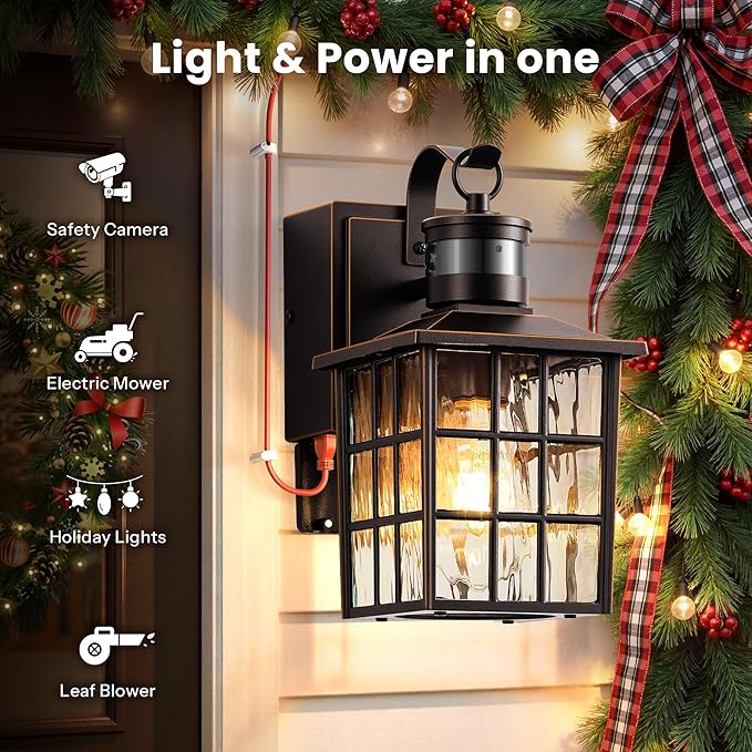 Gleamz Motion Sensor Exterior Garage Lighting Fixtures with GFCI Outlet, Farmhouse Oil Rubbed Bronze Gold Trim Outdoor Porch Lights Wall Mount, Waterproof Dusk to Dawn Outdoor Sconce Lights for House