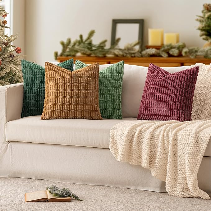 MIULEE Soft Corduroy Throw Pillow Covers Set of 4 Christmas Green 18x18 Inch Modern Farmhouse Boho Decorative Accent Cushion Covers for Couch Sofa Bedroom
