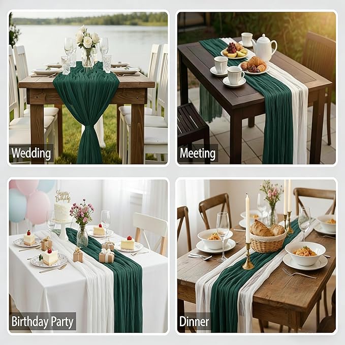 Cheesecloth Table Runner 2 Pack White and Dark Green, Boho Gauze Table Runner 10Ft 120 Inches Long for Wedding Decor, Party & Home Table Decoration