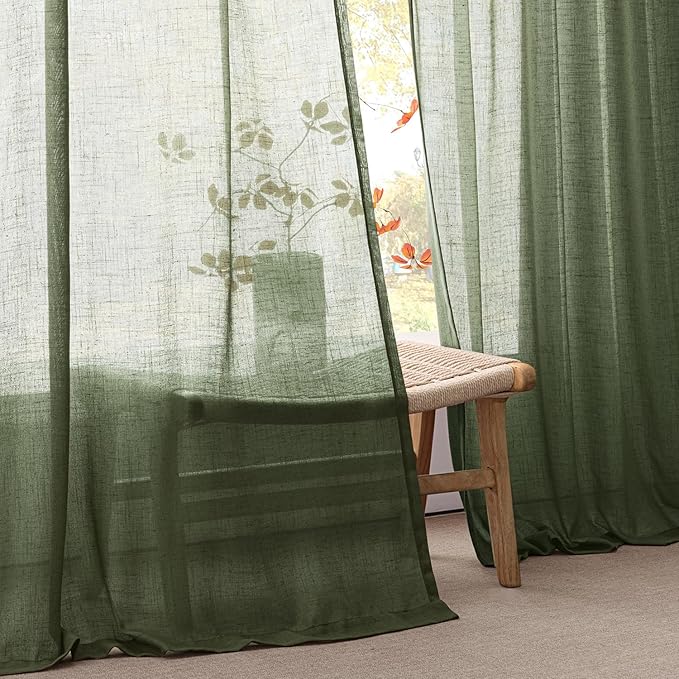 Olive Green Sheer Linen Curtains 90 inch Long Back Tab Light Filtering Living Room Drape Linen Blend Farmhouse Minimalist Neutral Semi Sheer Curtain for Dining Room Bedroom 90 inch Length 2 Panels Set