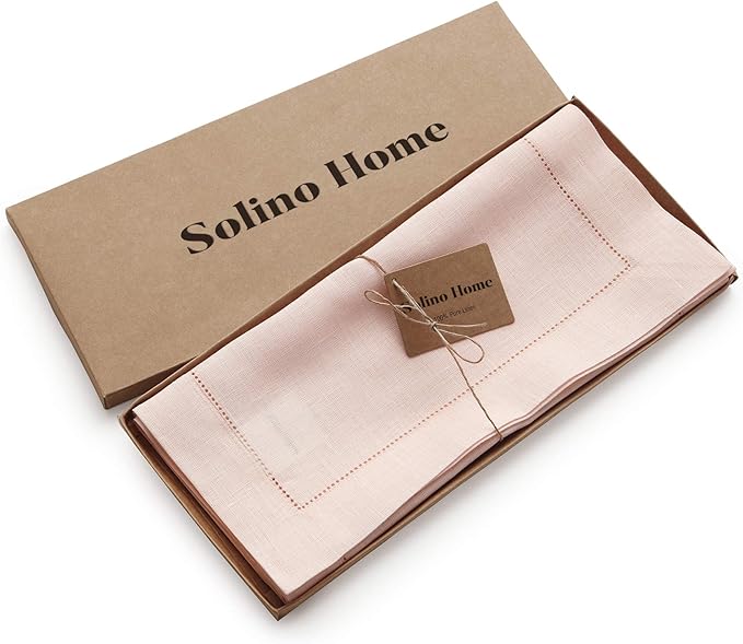 Solino Home Linen Pink Table Runner 90 Inches Long - 100% Pure Linen Hemstitch 14 x 90 Inch Table Runner for Dining, Valentines, Spring, Easter - Classic Hemstitch
