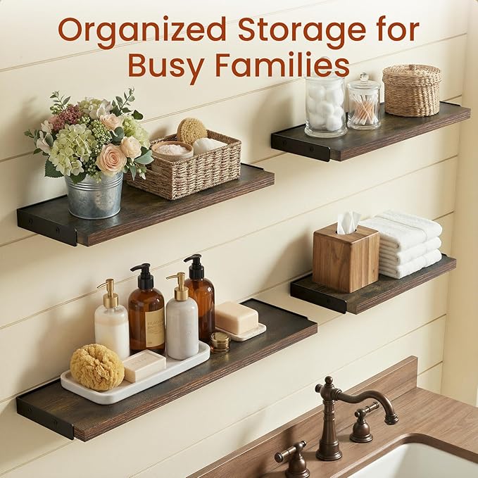 BAYKA Wall Shelves for Bedroom Decor, Floating Shelves for Wall Living Room Kitchen Storage, Mounted Rustic Wood Floating Shelves for Kids Books, Corner Shelf for Bathroom(Rustic Brown，Set of 4)