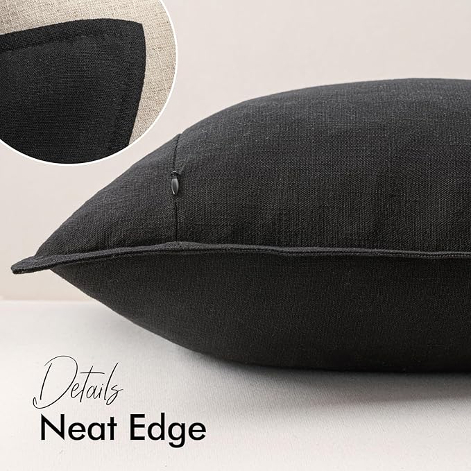 Woaboy 24x24 Inch Euro Sham Set of 2 Decorative Linen Solid Throw Pillow Covers Boho Accent Farmhouse Couch Pillowcases Modern Netural Home Decor for Bed Couch Sofa Living Room,Black