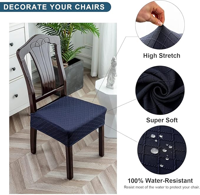 Genina Waterproof Seat Covers for Chairs,Set of 4 Dining Room Chair Seat Covers for Kitchen,Stretch Jacquard Removable Washable Dining Chair Slipcovers Protectors,No Rear Covers, Navy Blue