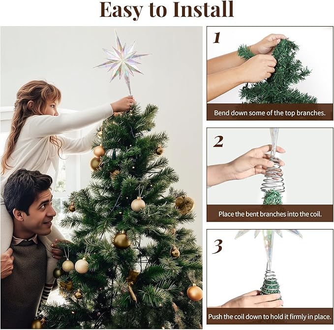 Lewondr Christmas Star Tree Topper, 15.35'' Christmas Tree Topper with 20 LED Bulbs, Remote and USB Operated Bethlehem Polaris Treetop for Home Decor, 6 Hrs Timer and 8 Modes Xmas Decor, Warm Light