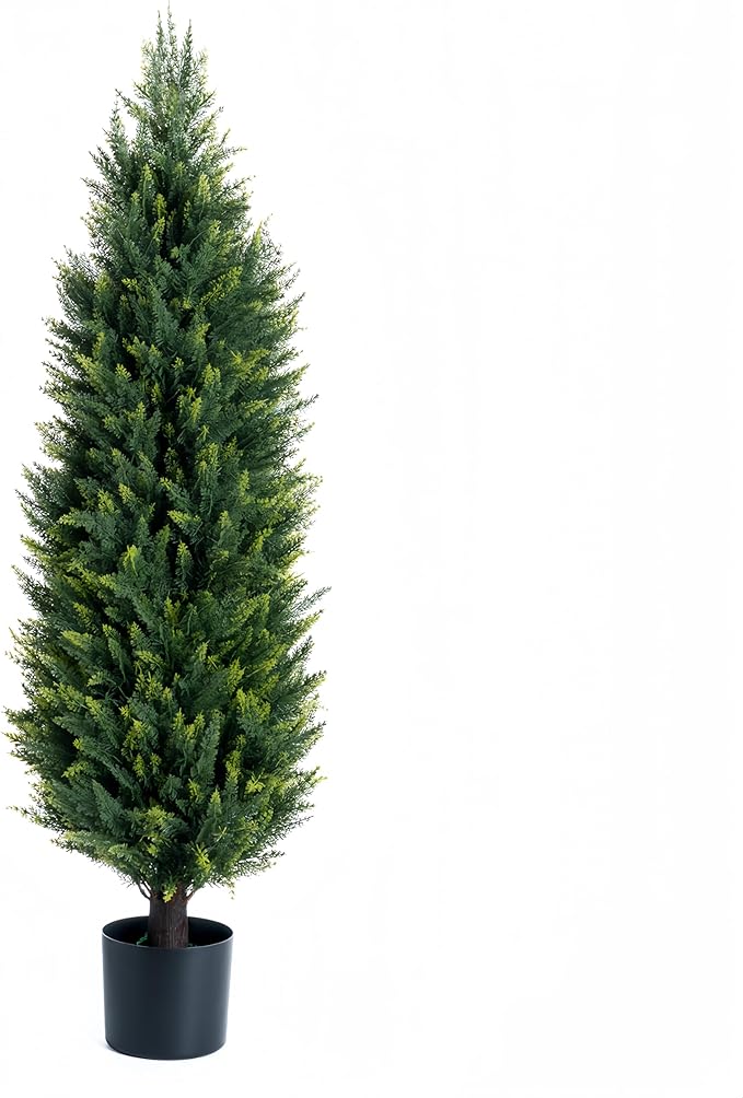 Artificial Cedar Topiary Trees, Set of 2 Lifelike Faux Pruned Cypress with Heavy-Duty Planters – UV-Resistant Outdoor Artificial Shrubs for Indoor/Outdoor Decor (40 Inches)