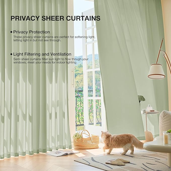 Anmao Non-See-Through Sage Green Privacy Semi Sheer Curtains for Living Room 96 Inch Length 2 Panels Set, Light Filtering That Let Light in Rod Pocket Window Drapes for Bedroom, 52W x 96L, Sage
