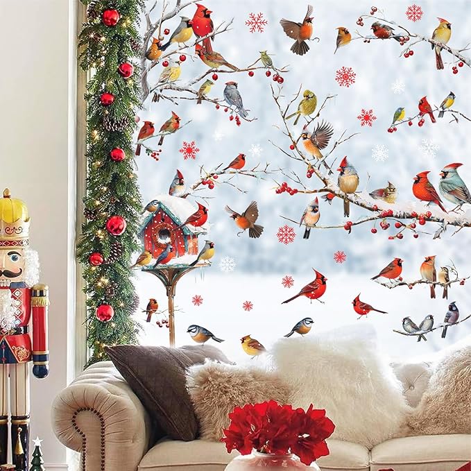 Winter Window Stickers Christmas Window Clings Double-Sided Xmas Sticker for Indoor Outdoor Decor Winter Birds Tree Branch Windows Decals for New Year Christmas Holiday Party Living Room Home Decor