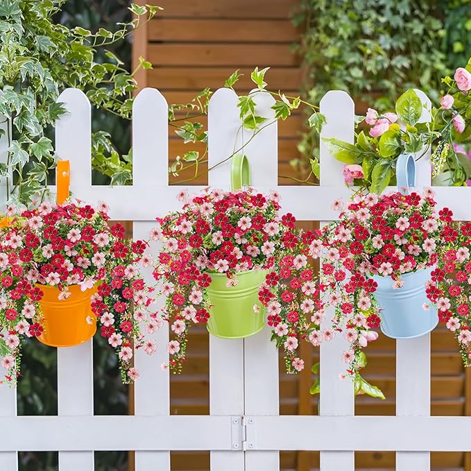 Artificial Flowers for Outdoors 6PCS，All Weather Fade Proof, UV Resistant Waterproof Realistic Faux Silk Mums Daisies Rose Red & Pink for Hanging Planters Porch Patio Balcony Deck Fence Garden Decor