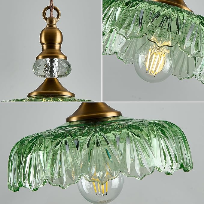 CVKASH Vintage Glass Pendant Light Fixture Green Adjustable Chandelier Modern Gold Hanging Ceiling Light for Farmhouse Dining Room Living Room Bedroom Entryway Kitchen Island