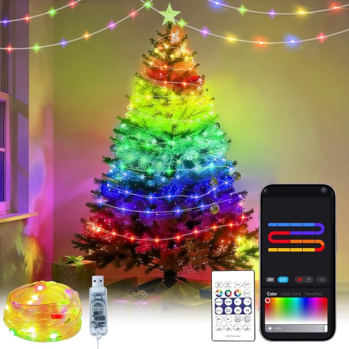1Pack USB Plug in Christmas Fairy String Lights,16ft 50 LED Color Changing with APP Controlled & Remote Timer, Music Sync Waterproof RGB Twinkle Light Battery Powered for Bedroom Indoor Party Wedding
