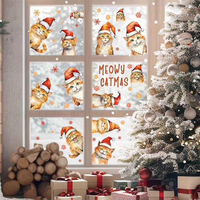 Christmas Window Clings Decoration Indoor Xmas Cat Stickers Double-Sided Merry Christmas Window Decals for Glass Windows Xmas Snowflake Decals for Winter Holiday Kids Bedroom Home Party Supplies
