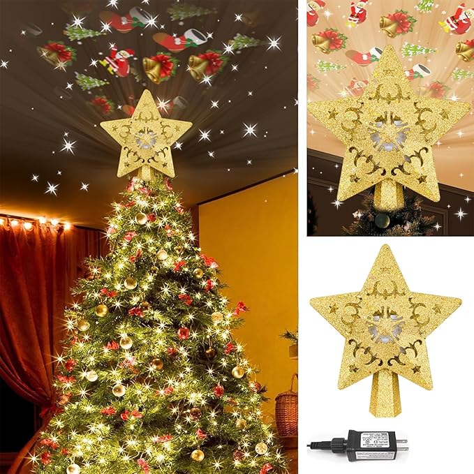 Christmas Tree Topper, 3D Rotating Pattern Projector for Xmas Tree Topper, Hollow Design Christmas Decorations,Christmas Decor