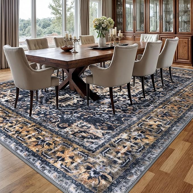 KOZYFLY Boho Area Rug 9x12 Ft Thin Rugs for Living Room Washable Bedroom Rug Non Slip Rugs for Living Room Gold Navy Printed Faux Wool Vintage Bedroom Rug Floor Carpet for Dining Room