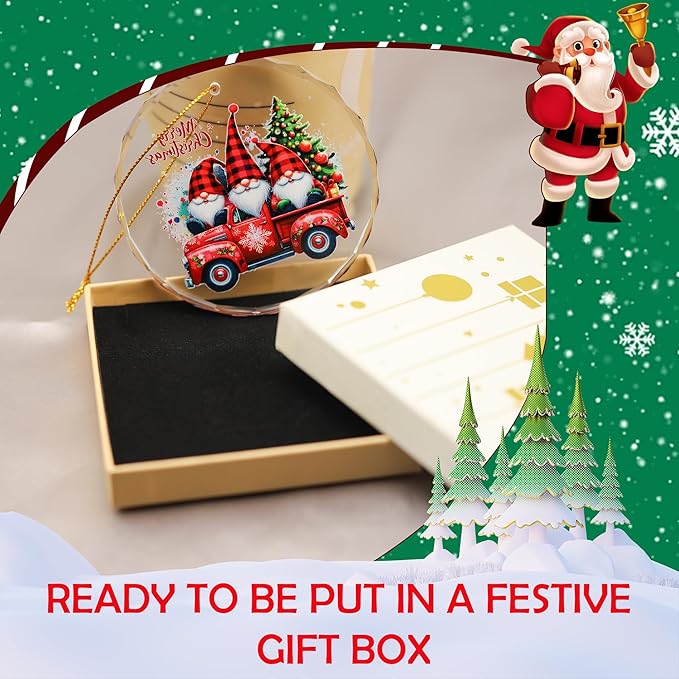 Christmas Gnome Red Truck Ornament – Crystal Hanging Decoration for Christmas Tree, Clear Acrylic Gnome & Red Truck Design, Xmas Holiday Home Décor & Gift