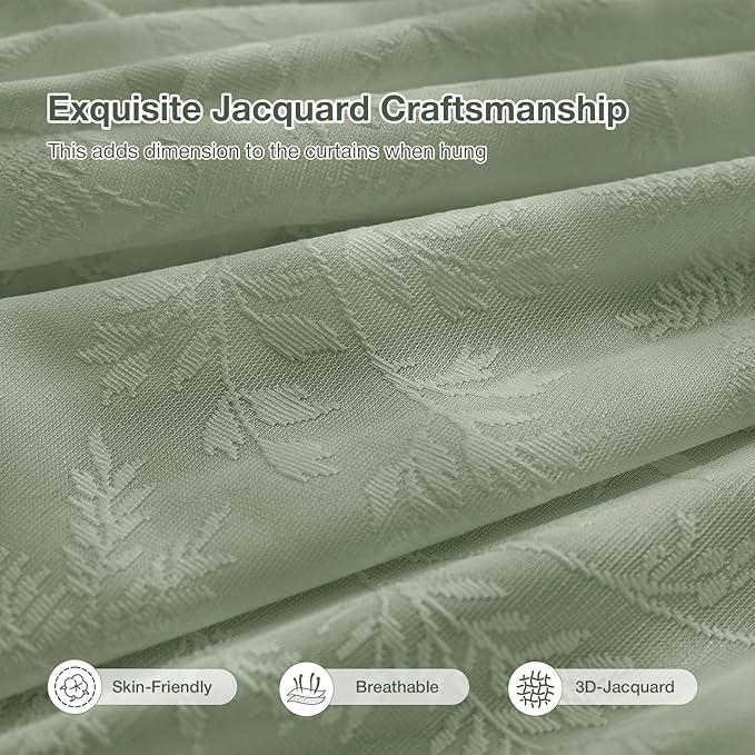 Anmao Sage Green Semi Sheer Light Filtering Short Curtains 45 Inches Long 2 Panels, Leaf Pattern Drapes for Living Room Bedroom, Rod Pocket Sheer Window Treatments with Floral Design, 52x45 Inch