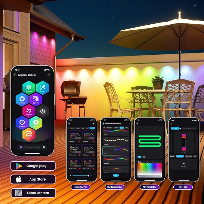 HUTAKUZE Permanent Outdoor Lights, 100FT with 60 RGB LEDs for Outdoor Decor, IP67 Waterproof, 48 Scene Modes Christmas House Lights,APP & Remote Control, Music Sync