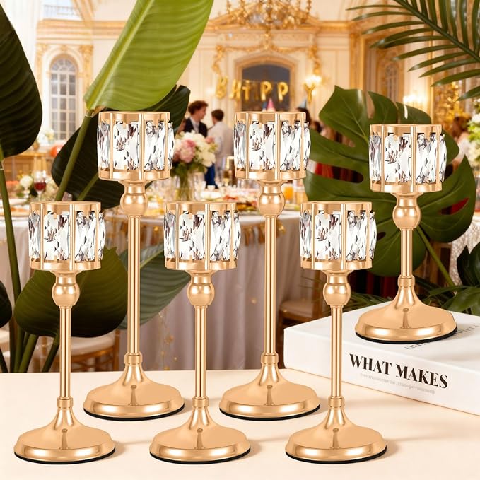 Crystal Tealight Candle Holders,Votive Candle Stands Wedding centerpieces for Tables Crystal Candlestick，Centerpiece Table Decorations (Gold, 4 Sets (12 Pieces))