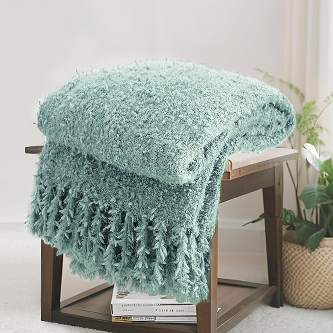 Knit Throw Blanket Fluffy Fuzzy Soft Lightweight Cozy Farmhouse Tassels Chunky Knitted Throws for Couch Sofa Bed (Sage Green, 50"x60")
