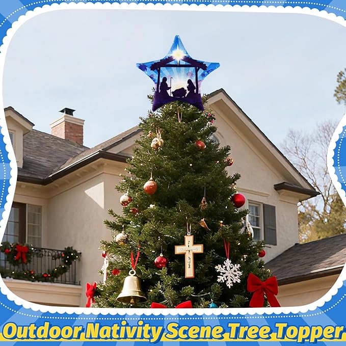 Eyourlife Nativity Scene Christmas Tree Topper, 8in Winter Velvet Pentagram Tree Topper Xmas Tree Star Shaped Decor for Family Churches Sunday School Christmas Tree Holiday Party Supplies Gifts