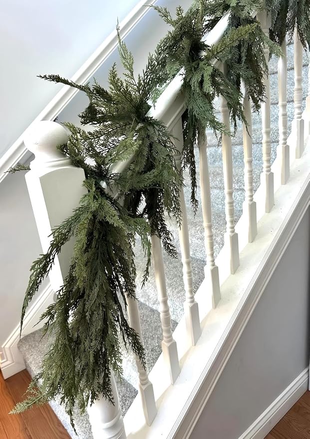 Artificial Cedar Christmas Garland Real Touch Realistic Soft and Thickness Garland Faux Full Greenery Holiday Garland for Mantel Fireplace Front Door Indoor Outdoor Xmas Decor (6FT-Deluxe Cedar)