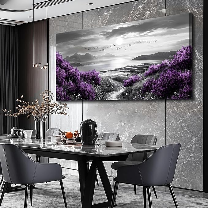 Canvas Wall Decor for Office Large Wall Art for Living Room Modern Bedroom Wall Decoration Purple Flowers Landscape Pictures Black and White Scenery Paintings Artwork Aesthetic Home Decor