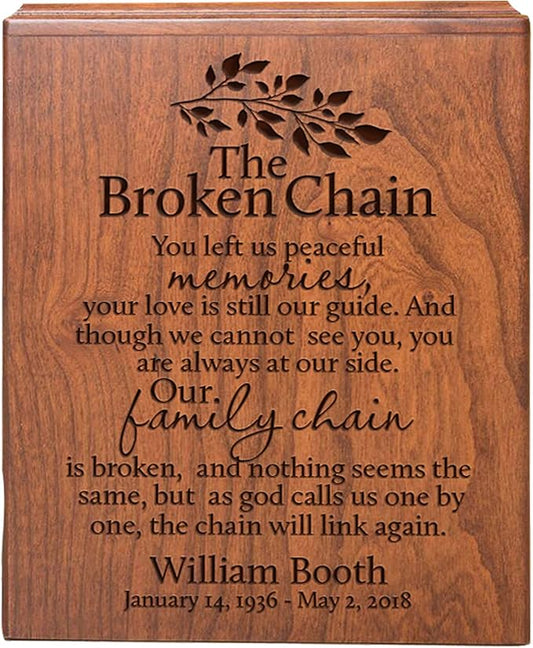 LifeSong Milestones Cherry Wooden Urns for Ashes - Adult Male & Female Personalized Cremation Urns - The Broken Chain (Leaves Design)