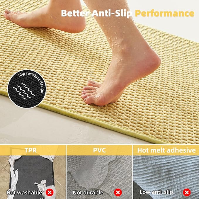 Bathroom Runner Rugs, Long Bath Mat Runner Washable Thin Quick Dry Low Pile Bathroom Runner Rugs Non Slip, Yellow 24"x70"