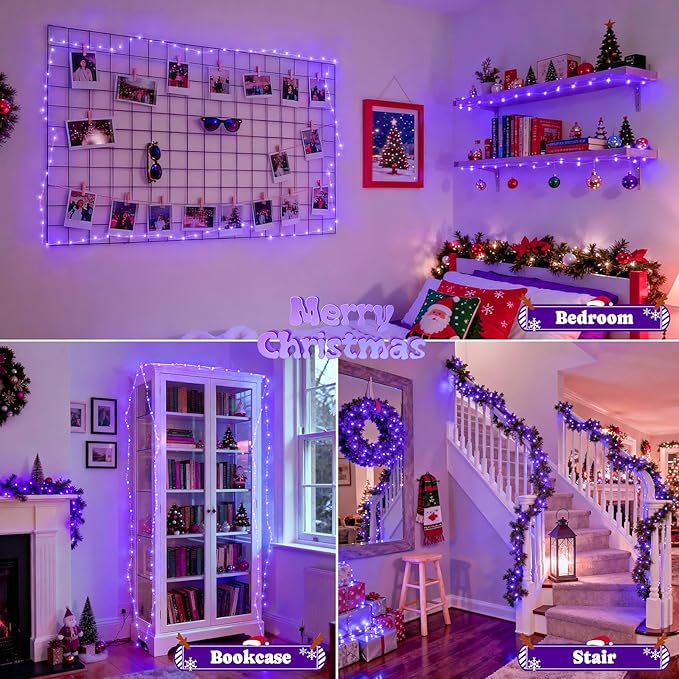 JMEXSUSS 2 Pack Christmas Fairy Lights Battery Operated, Total 200 LED 66ft Purple Christmas Lights with Remote, 8 Modes Twinkle String Lights Light for Halloween Tree Indoor Outdoor Decorations