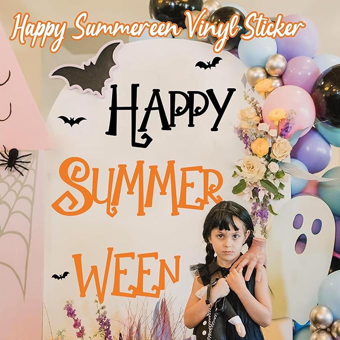 Happy Halloween Party Sign Decals for Backdrop Summerween Party Decorations Decal Halloween Wall Decor Vinyl Sticker Summer Halloweens Bats Vinyl Letters Signs Birthday Bachelorette Banner Supplies