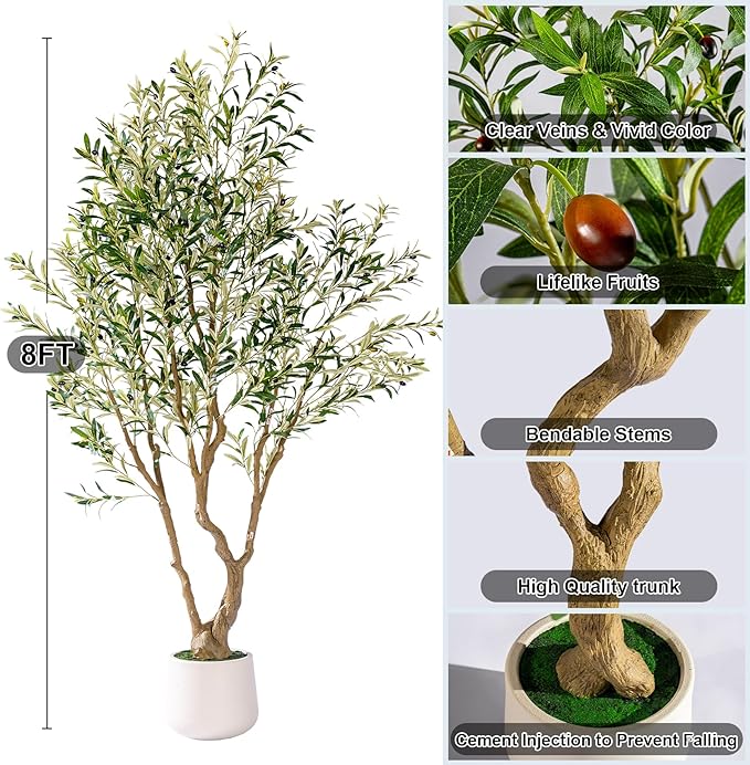 8ft Faux Olive Tree with Pot & Moss Artificial Olive Plant Fake Olive Tree for Home Decor, Large Indoor Artificial Trees Faux Plants Indoor Durable Artificial Trees for Living Room/Office