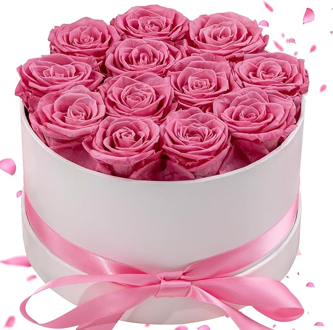 Preserved Roses in a Box, Blooming Real Roses Decor, Eternal Flowers for Delivery Prime, Best Gifts Birthday, Wedding, Anniversary, Mother's Day for Her, 12-Pieces (Pink)