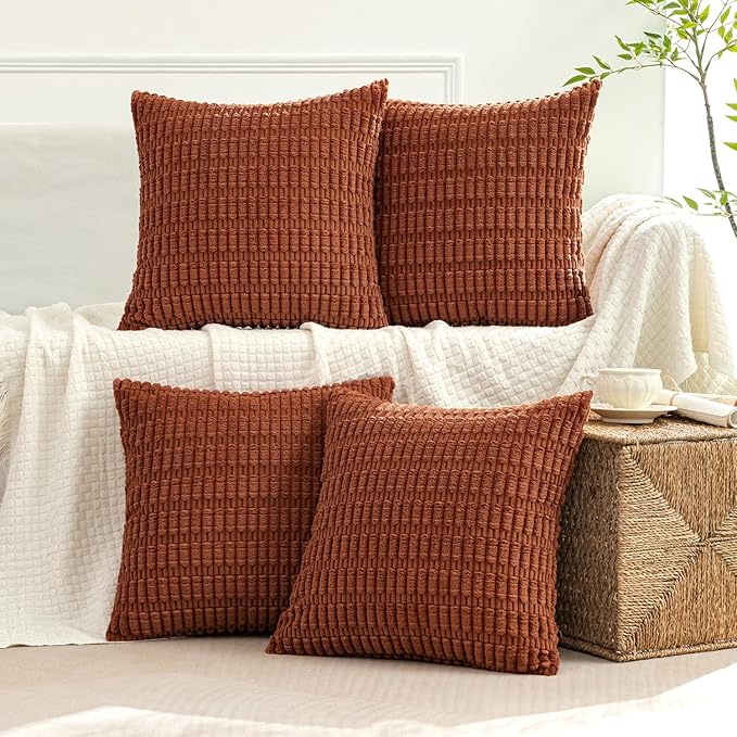 MIULEE Pack of 4 Fall Dark Rust Corduroy Decorative Throw Pillow Covers 18x18 Inch Soft Boho Striped Pillow Covers Modern Farmhouse Home Decor for Sofa Living Room Couch Bed