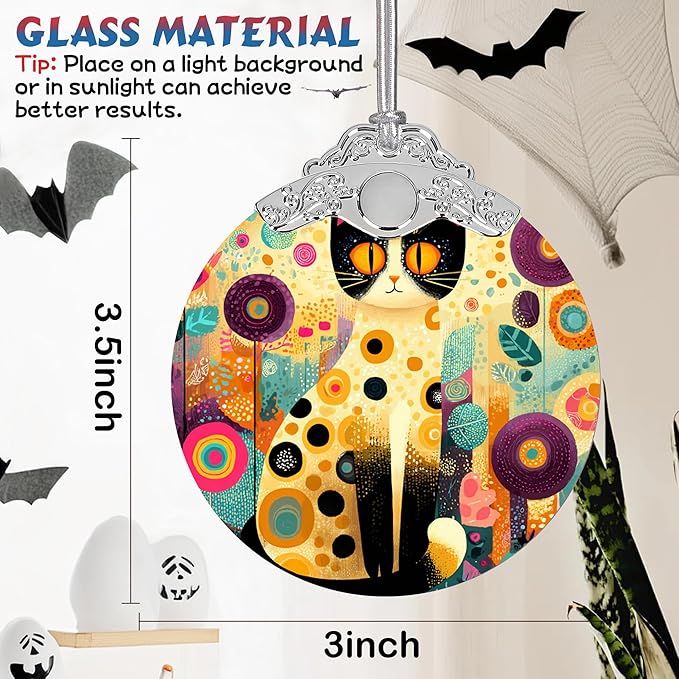 Glass Christmas Ornament, Cat Garden Art, Colorful Floral Design, Round Suncatcher with Silver Crown, 3.5 Inch, Holiday Tree and Window Light Catcher