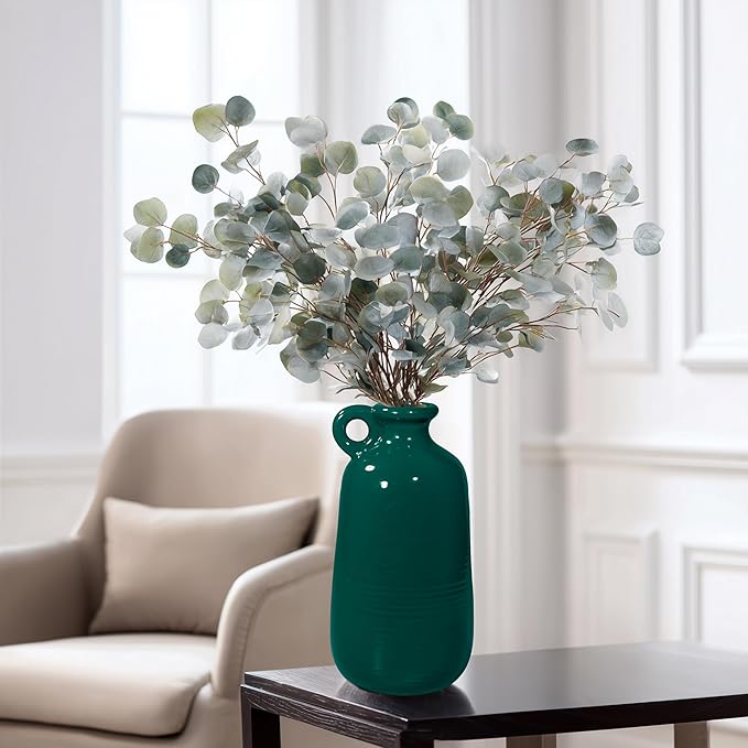 Sunddo Green Ceramic Vase 10 Inch - Modern Decorative Vase with 1 Handle, Table, Shelf Bookshelf,Mantel,Entryway Decor and Centerpieces