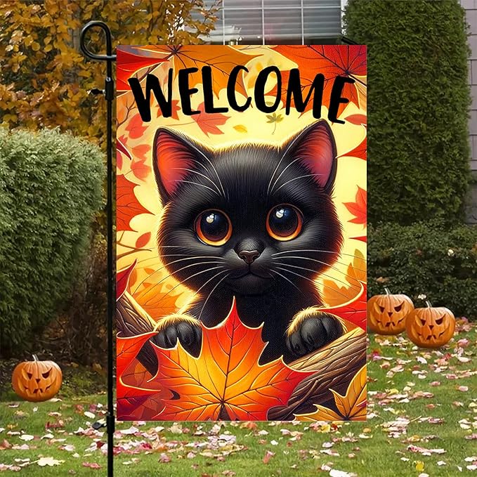 Halloween Outdoor Garden Flag 12x18 Inch Black Cat Ghost and Pumpkin Set Illustration Double Sided Fall Everyday Flag for Cute Halloween Yard Display Outdoor Yard Porch Decoration