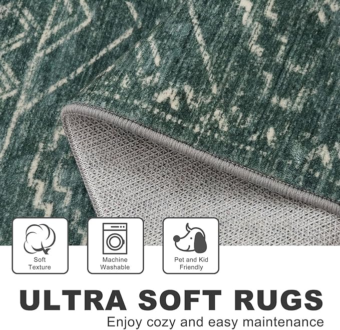 KILOCOCO Hallway Runner Rug 2'x8' Runners for Hallways Washable Runner Rug Non Slip Laundry Room Rug Low-Pile Rug Runner for Bedroom Kitchen Living Room Boho Rug, Green