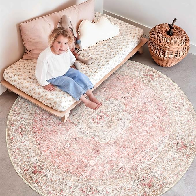 Pink Round Rug 6ft,Large Circle Area Rugs for Bedroom Living Room,Washable Boho Vintage Bohemian Distressed Oriental Floral Carpet Non Slip,Blush