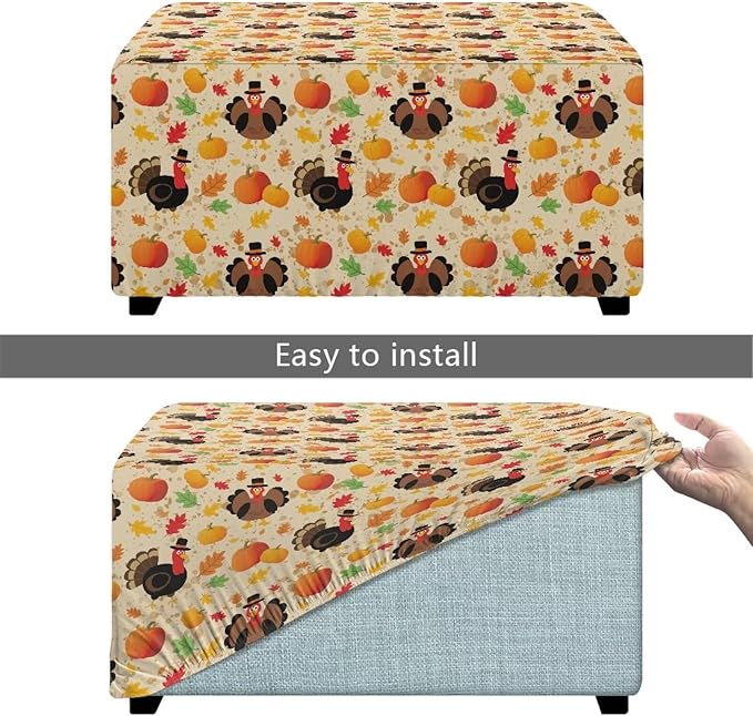 Thanksgiving Turkey Ottoman Cover - Non-Slip Elastic Rectangular Slipcover, Easy Care Furniture Protector for Holiday Gatherings, 30x24x15 Inch