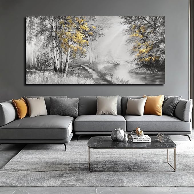 SOUGUAN Wall Art for Bedroom Forest Canvas Art Hand Painted Artwork Gold Plant Pictures for Living Room Office Home Decoration 30x60 Inch
