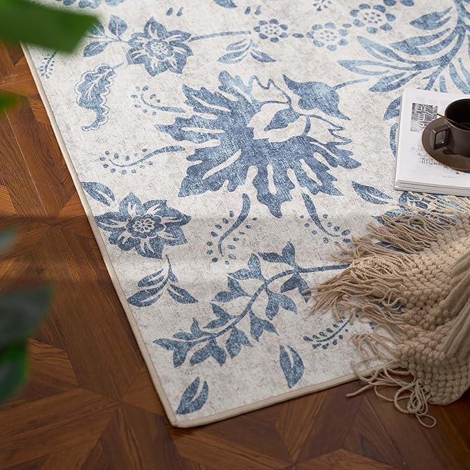 jinchan Torino Runner Rugs 2x5 - Vintage-Inspired Floral Design Machine Washable Non-Slip Ultra-Thin Low-Pile Rubber Backing Runner Rug for Kitchen Hallway Laundry Room Entryway Dark Blue